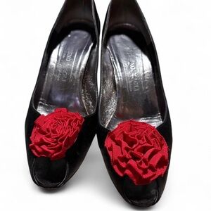 Bruno Magli Black Flats with Red Rosette Detail